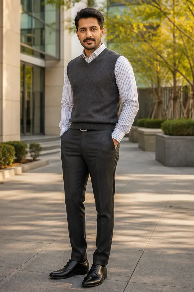 Sweater vest over a striped shirt with tapered trousers and oxford shoes