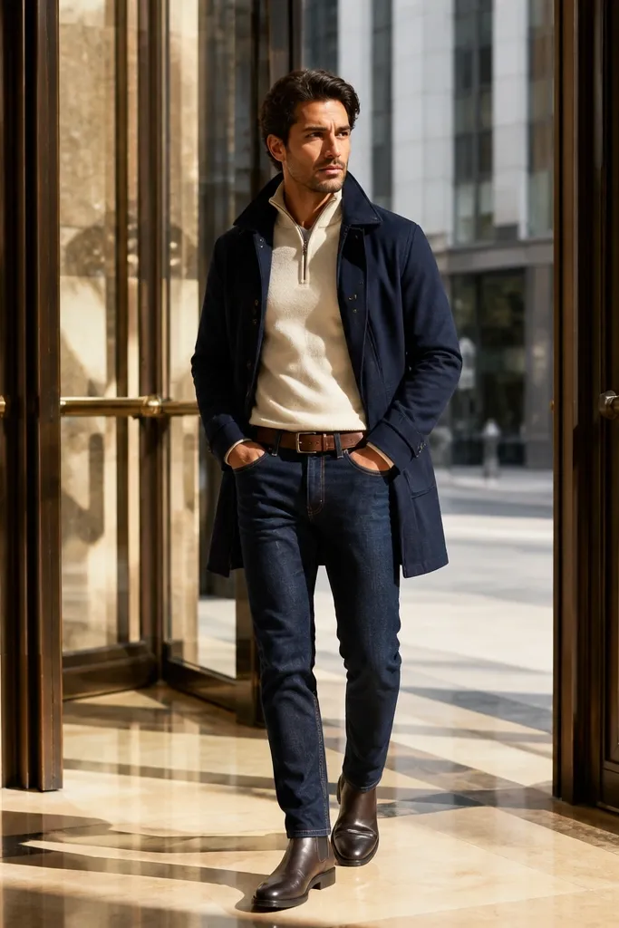 Cream half-zip sweater under a navy jacket with dark jeans