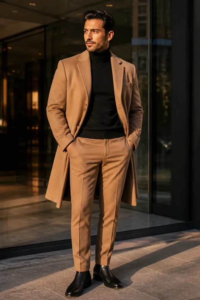 Black turtleneck sweater with camel trousers and black leather boots