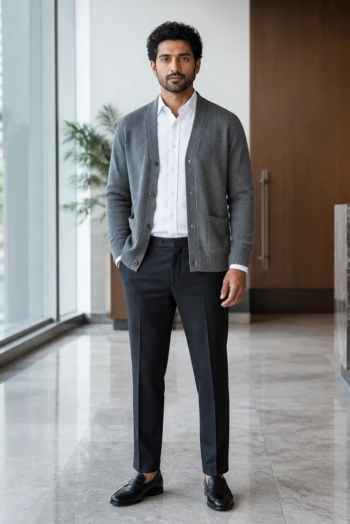 Gray cardigan worn open with white shirt cuffs showing and dark slacks