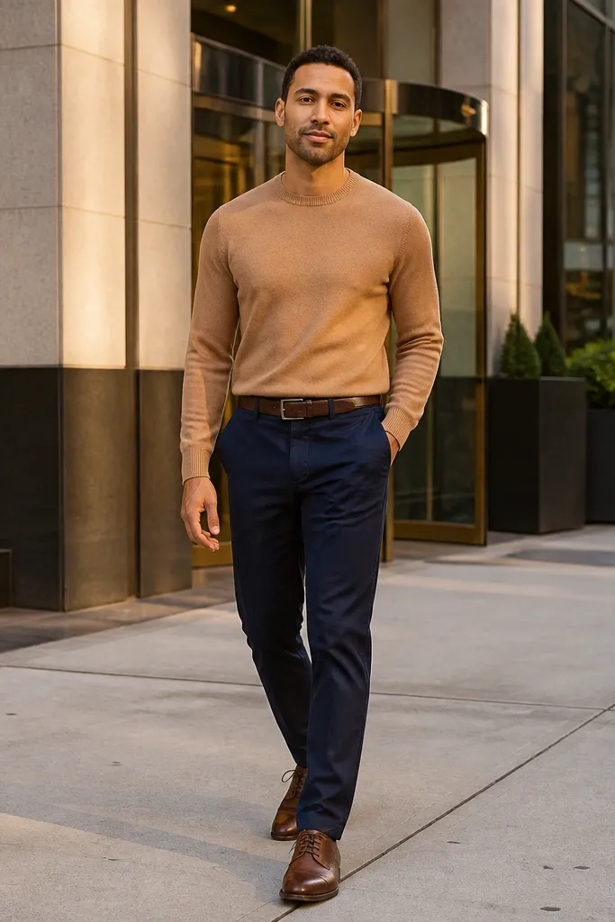 Camel crewneck sweater with navy chinos and brown leather derbies