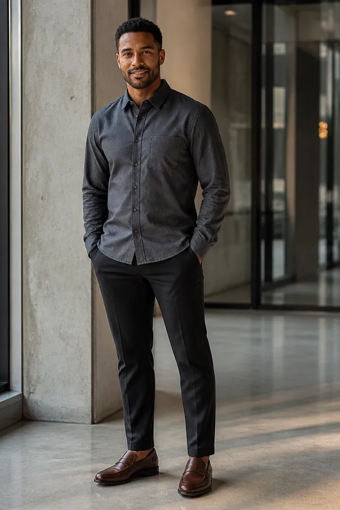 Charcoal button-down with black tapered trousers and brown loafers