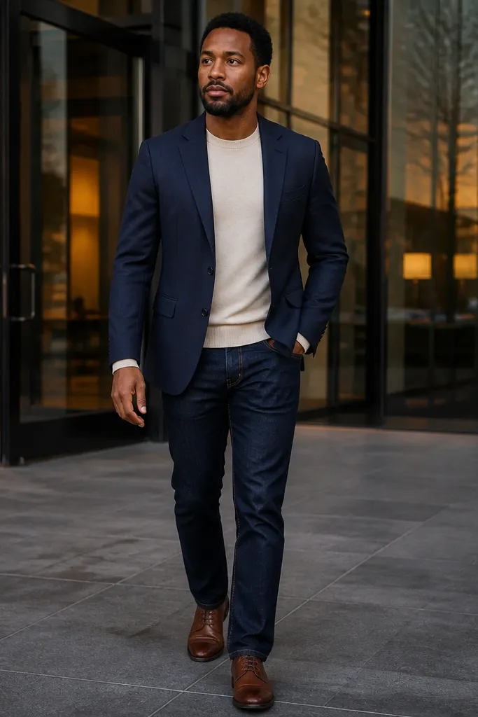 Navy blazer over cream crewneck with dark jeans and leather sneakers