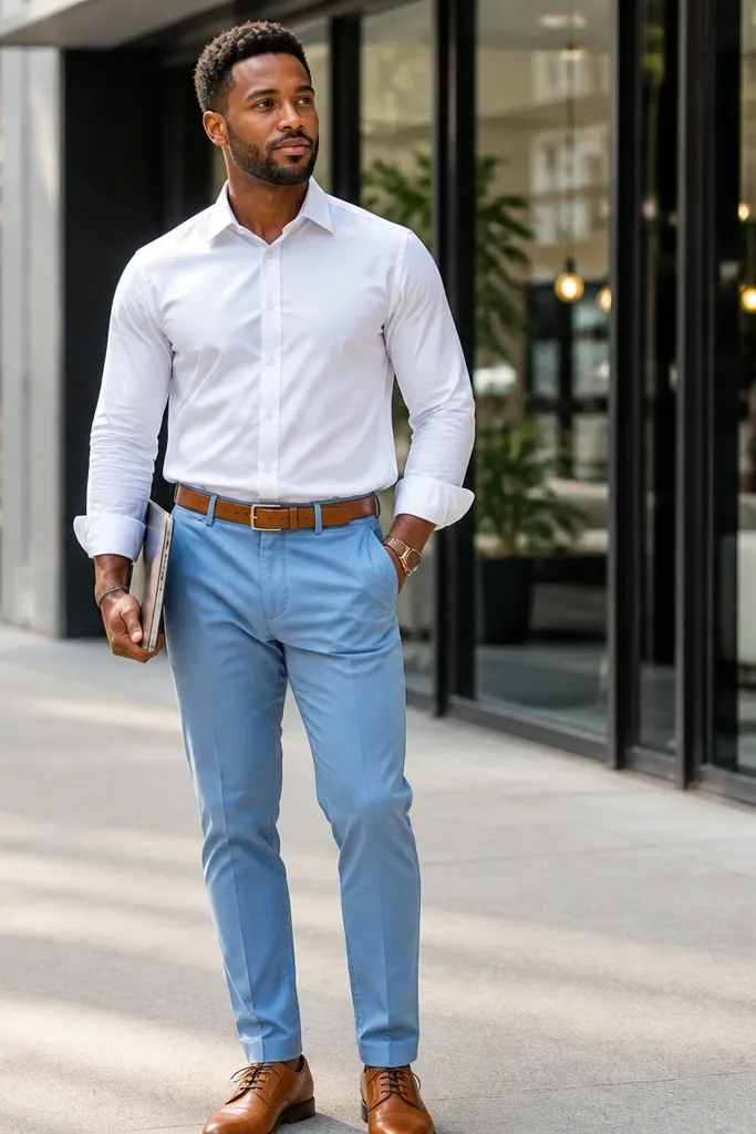 White poplin shirt with light blue chinos and tan belt