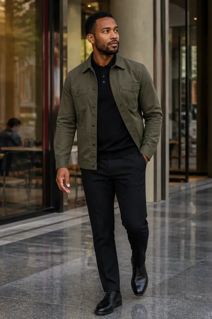 Olive overshirt over black polo with slim black trousers