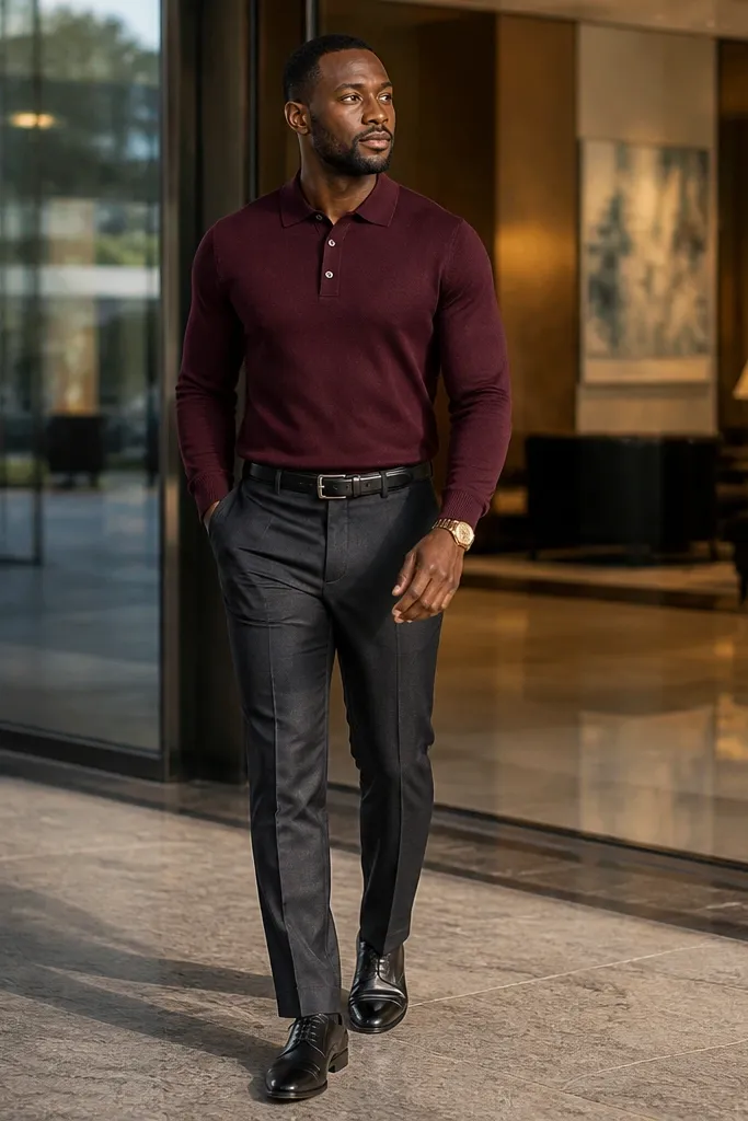 Burgundy knit polo with charcoal trousers and black lace-up shoes