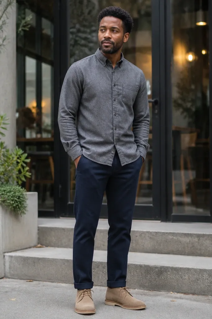 Gray flannel shirt with navy chinos and suede desert boots