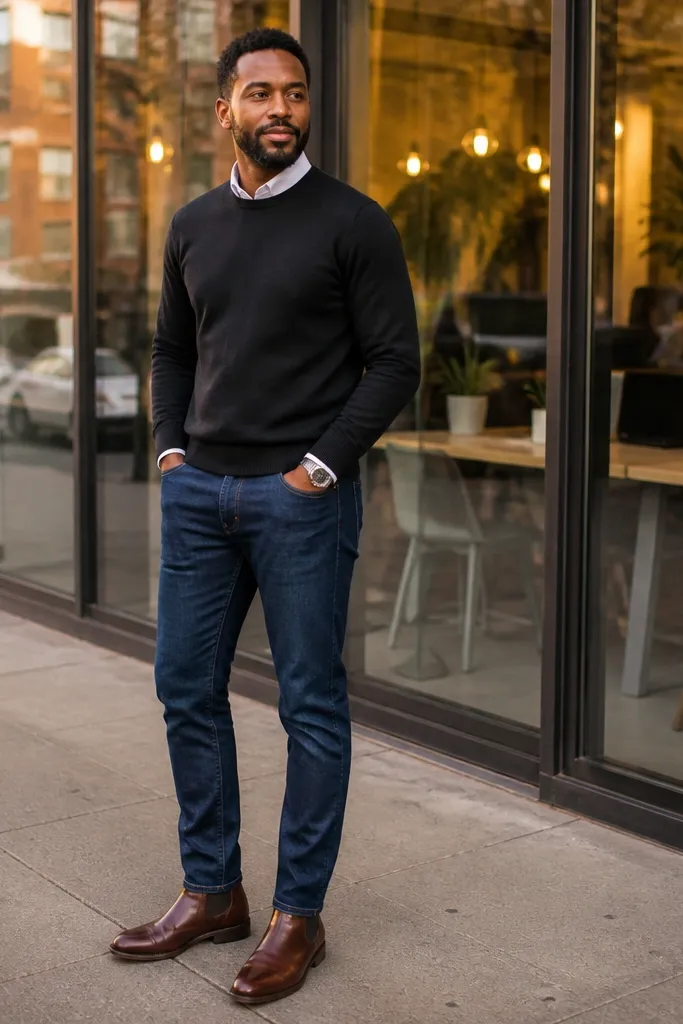 Black crewneck over white shirt collar with dark denim jeans