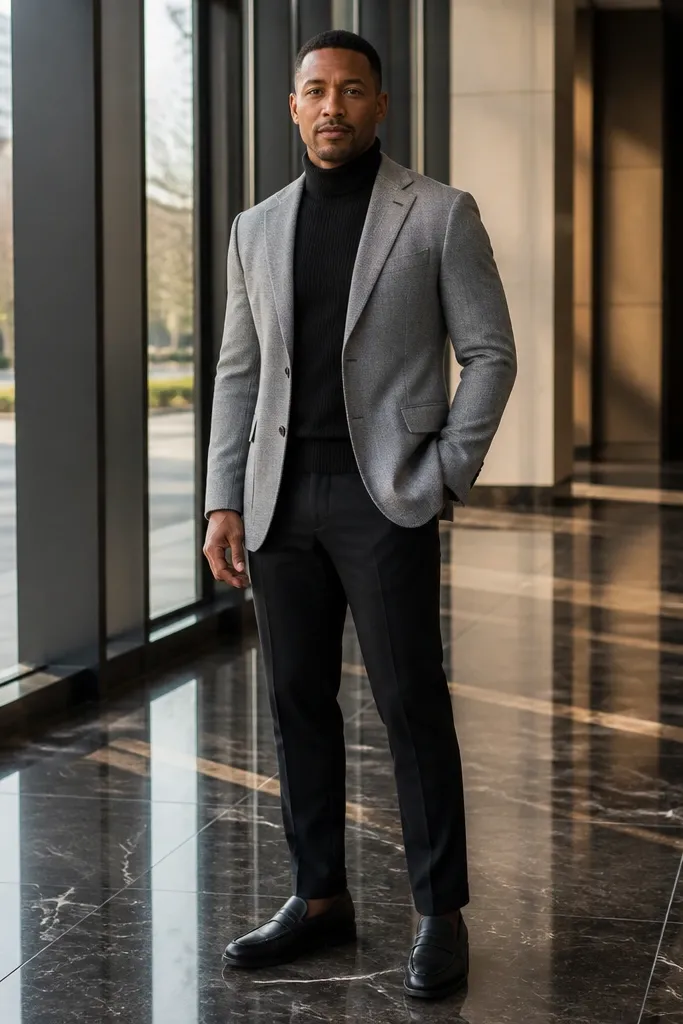 Light gray blazer over black turtleneck with black loafers