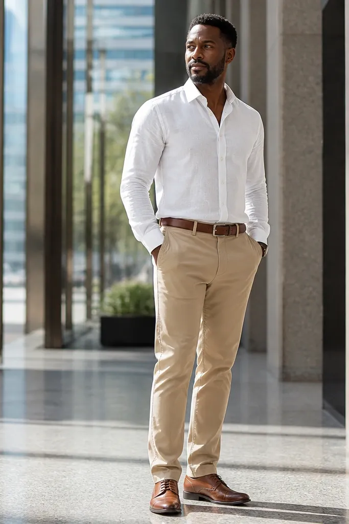 White linen shirt with tan chinos and brown leather belt