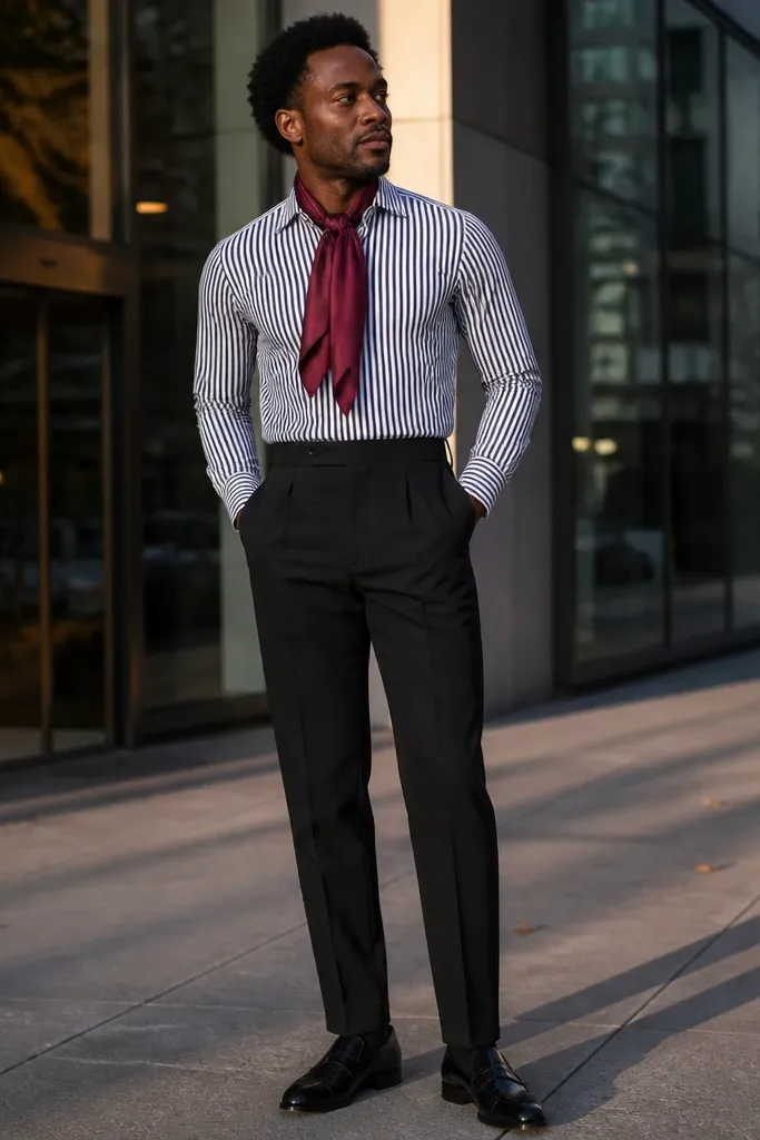 Striped shirt with black trousers and a burgundy neck scarf