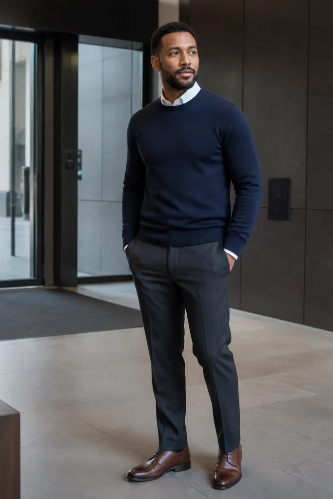 Navy sweater over white shirt with brown derby shoes