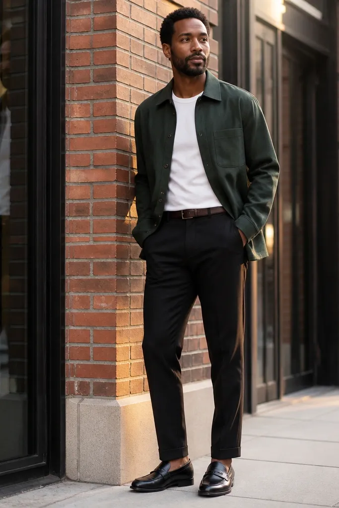 Forest green overshirt over white tee with black chinos