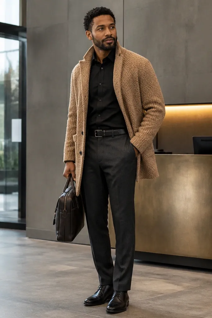 Camel knit coat over black shirt with charcoal trousers