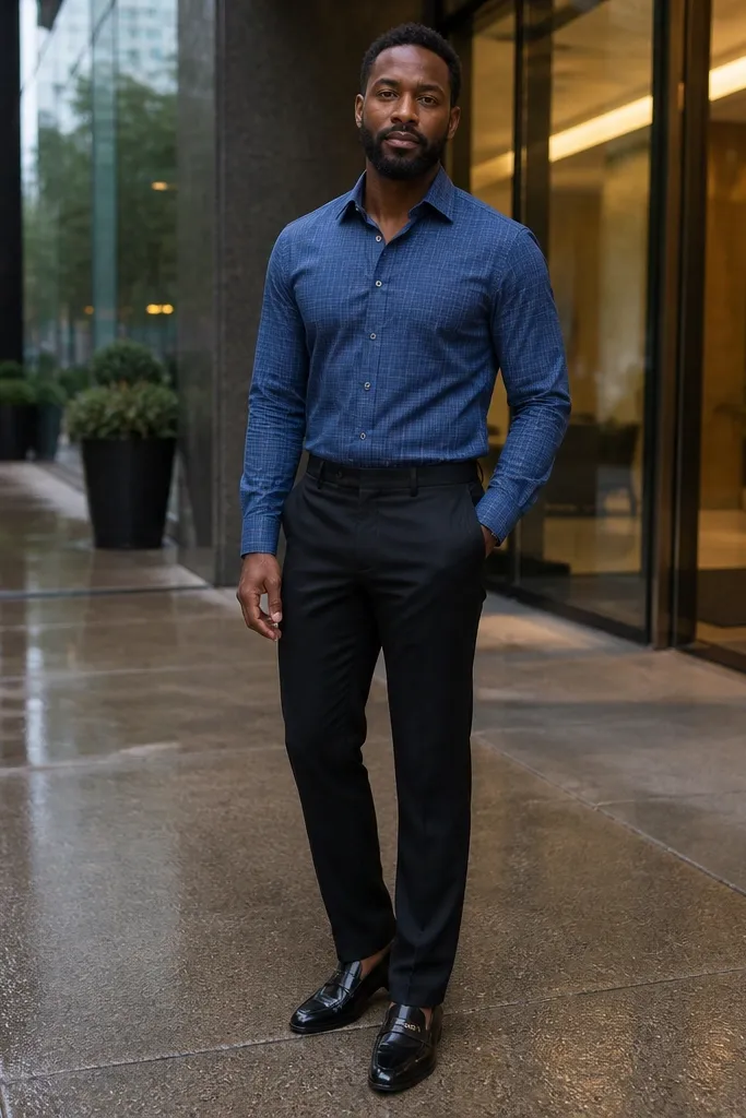Blue windowpane dress shirt with black trousers and black loafers