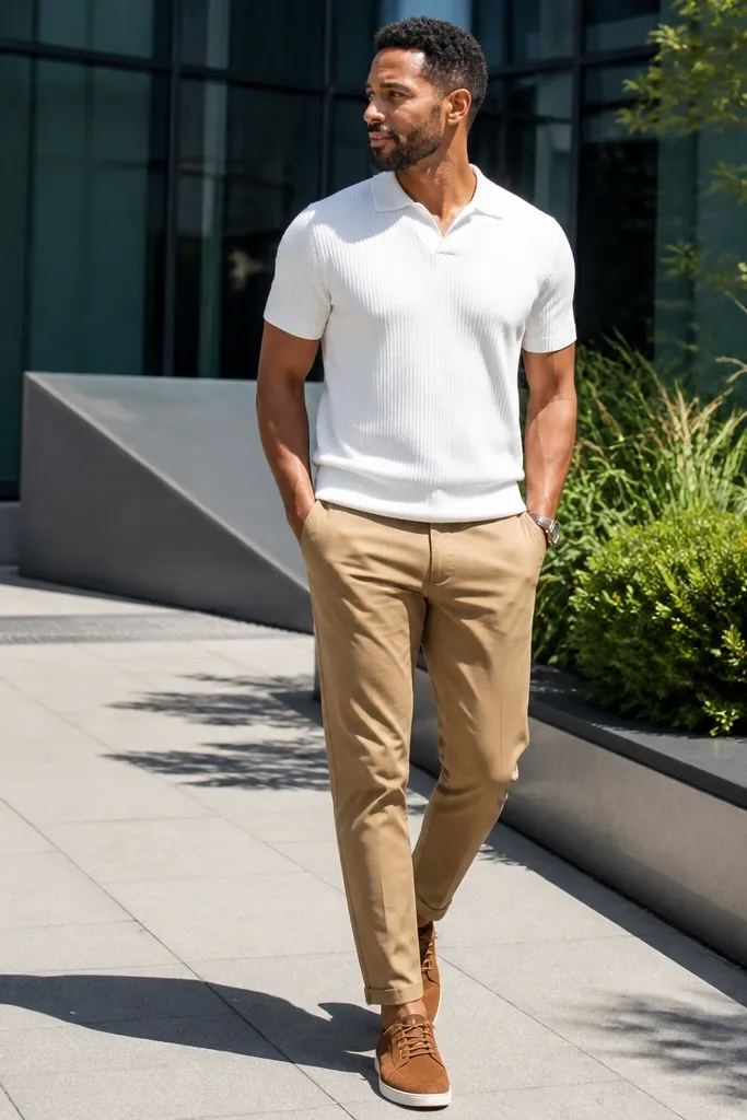 Tan chinos with white short-sleeve knit shirt and suede sneakers