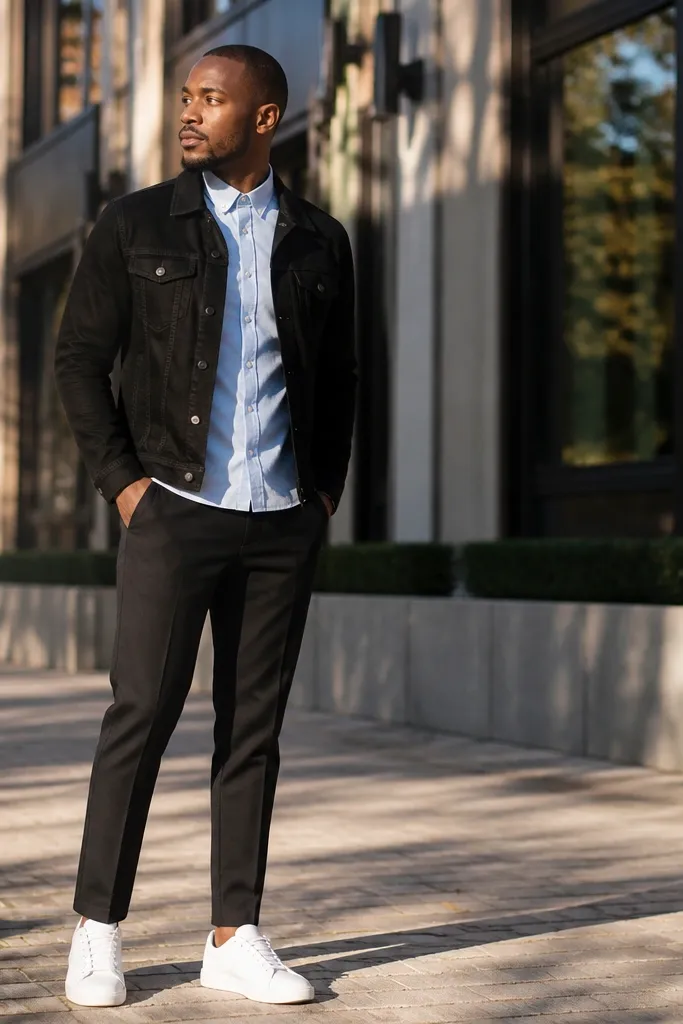Black denim jacket over light blue shirt with white sneakers