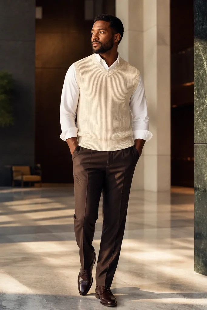 Cream sweater vest over button-down with dark brown trousers