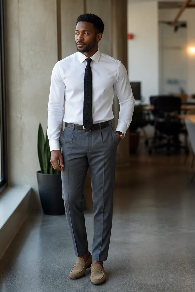 White shirt with black knit tie and gray trousers