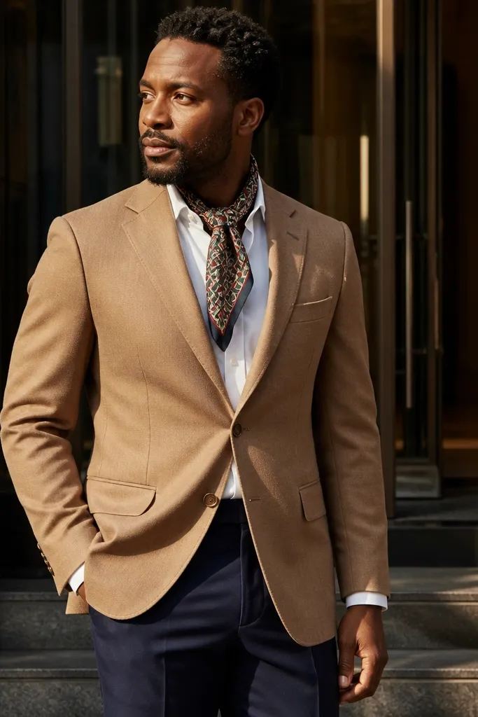 Tan blazer with navy trousers and a patterned scarf at the neck
