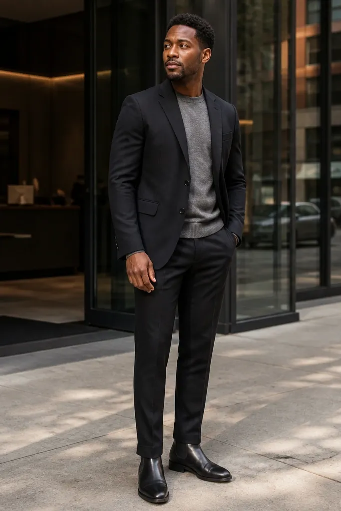 Black suit jacket over gray crewneck with Chelsea boots