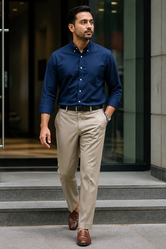 Navy button-down with stone chinos and brown loafers