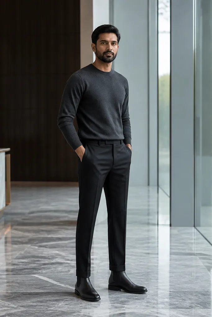 Charcoal crewneck sweater with black trousers and black Chelsea boots