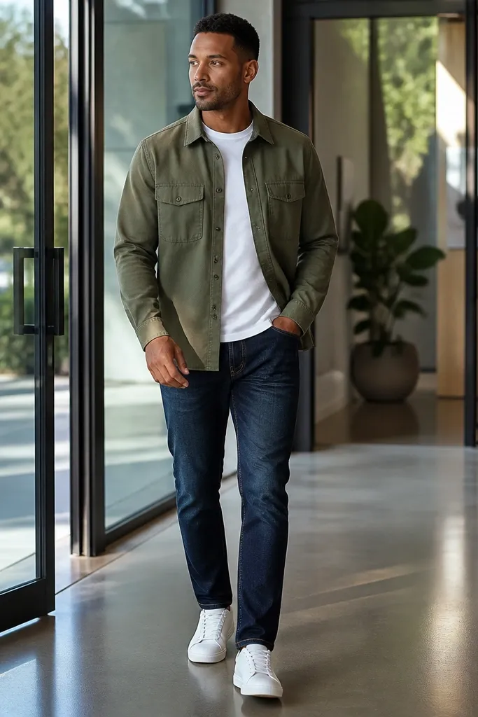 Olive overshirt over a white tee with dark jeans and white sneakers