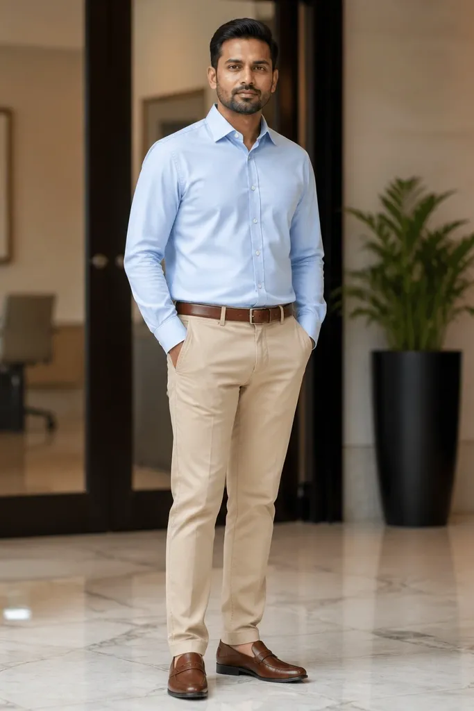 Light blue poplin shirt with beige chinos, cognac belt, and loafers