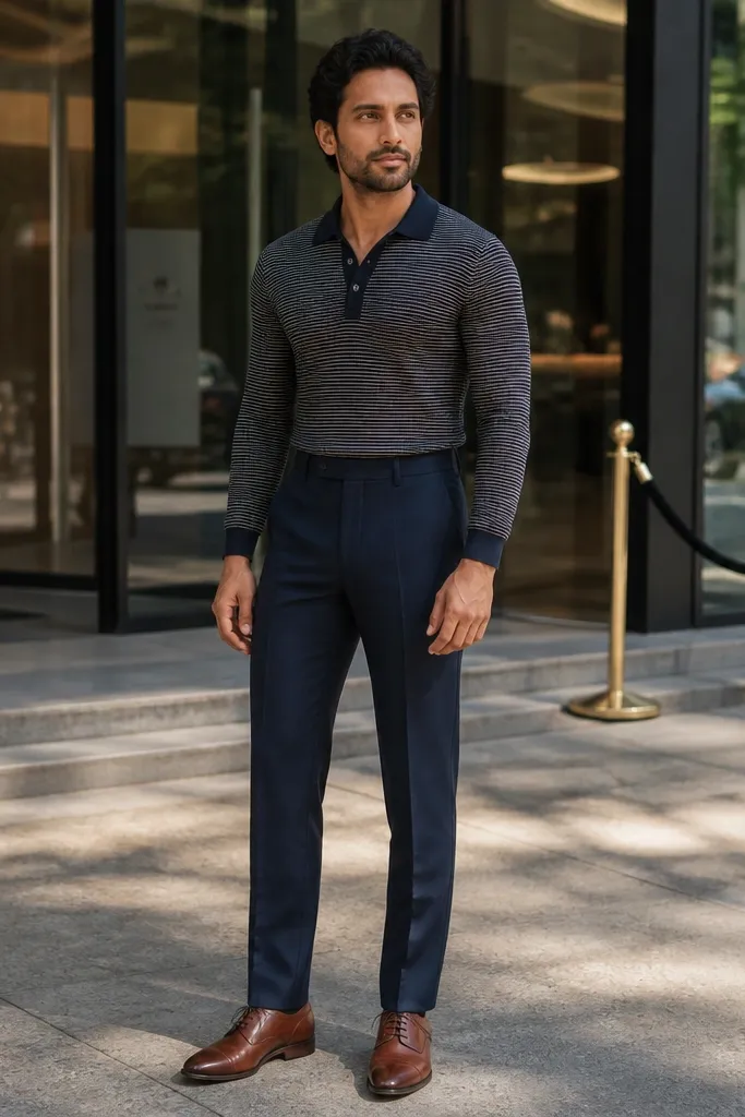 Striped knit polo with navy trousers and brown leather derbies