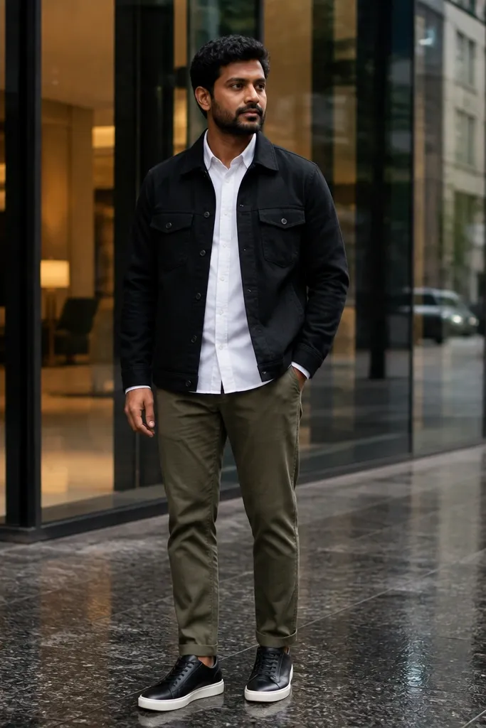 Black overshirt over a white oxford with olive chinos and leather sneakers