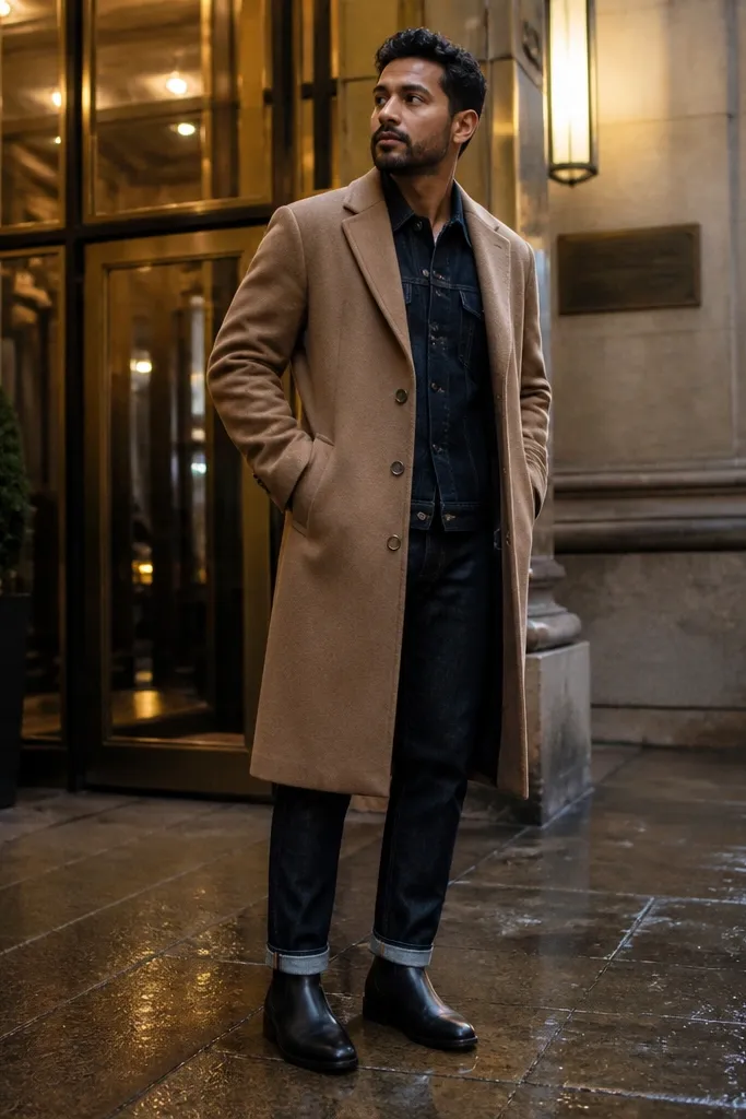Camel overcoat over dark denim with black boots