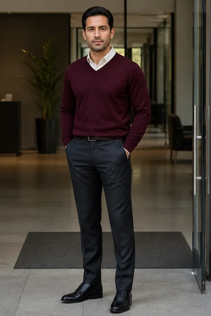 Burgundy V-neck sweater over a cream shirt with charcoal trousers