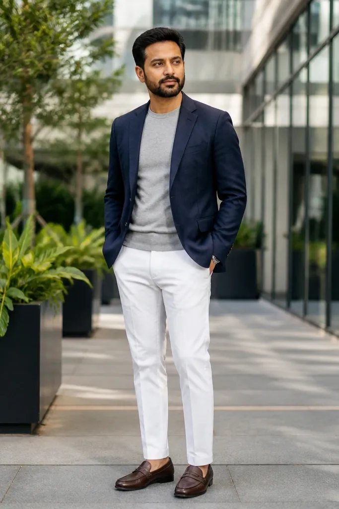 Navy blazer over a gray tee with white chinos and loafers