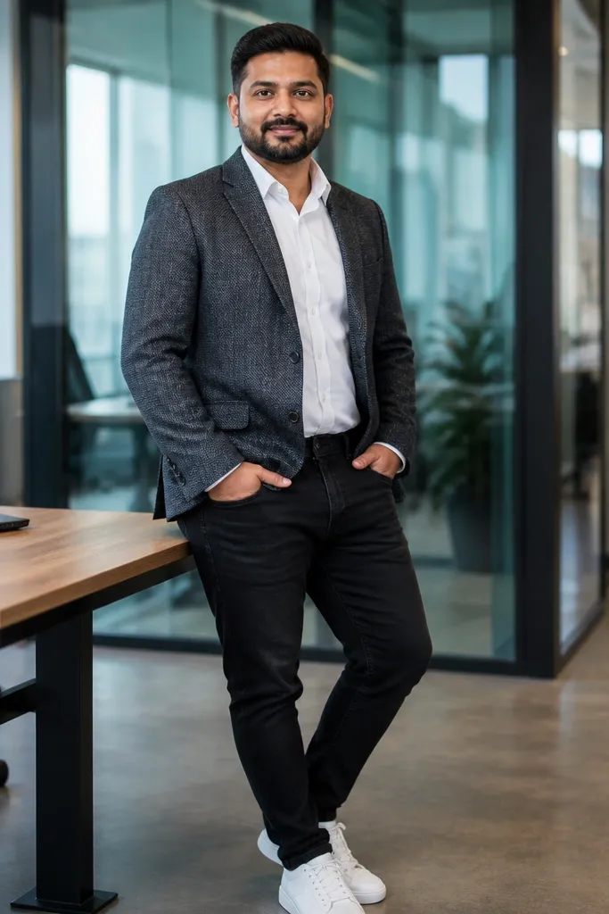 Tweed sport coat over black jeans with white sneakers