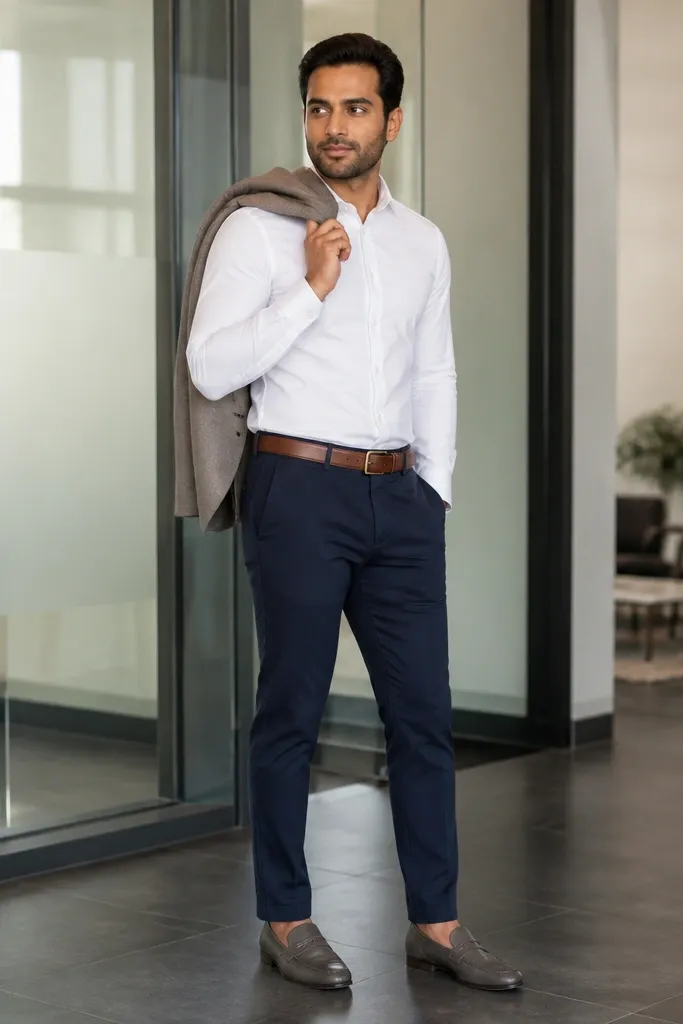 White button-down with navy chinos, brown belt, and gray loafers
