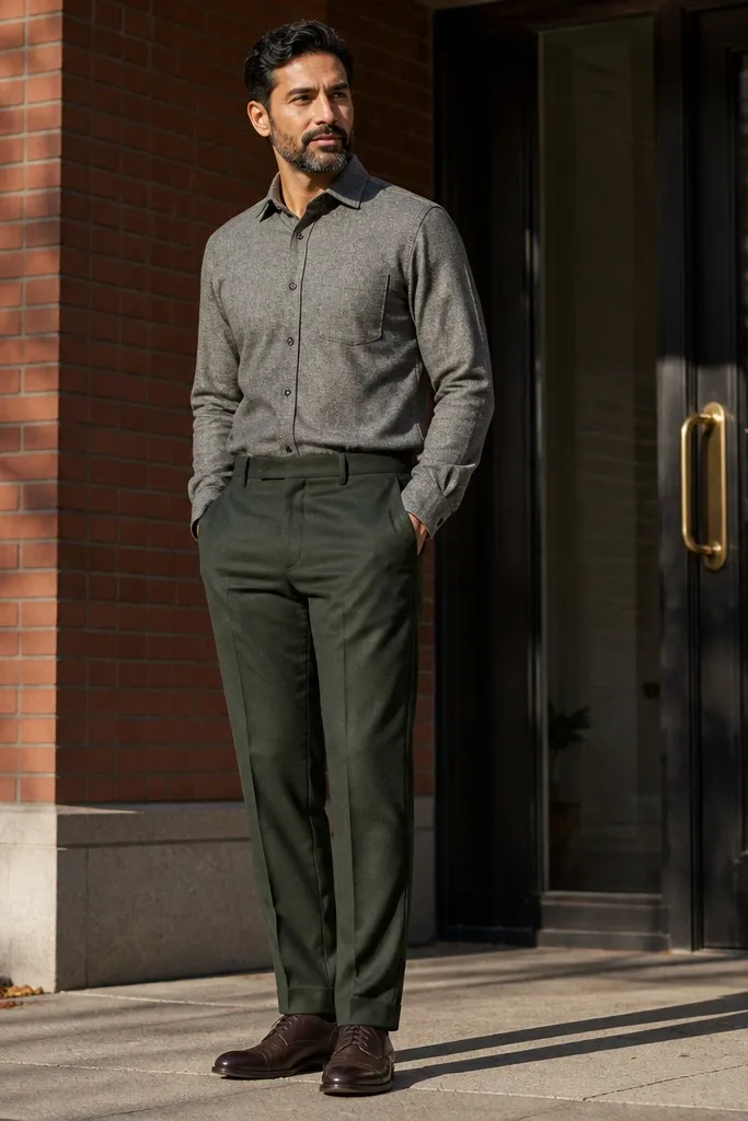 Gray flannel shirt with dark green trousers and dark brown leather shoes
