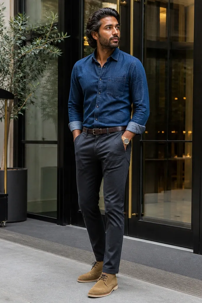 Light denim shirt with slim chinos and suede desert boots