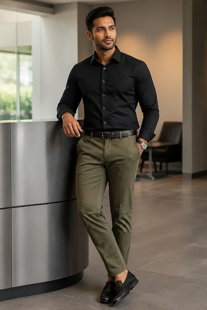 Black oxford shirt with olive chinos and black loafers