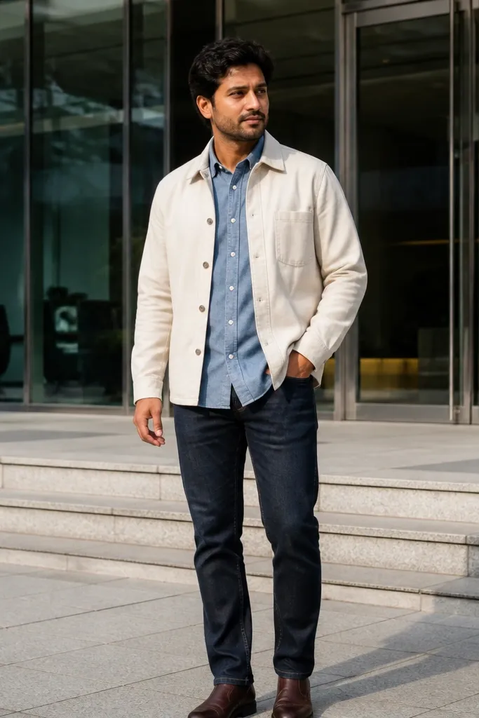 Cream overshirt over blue chambray with navy jeans