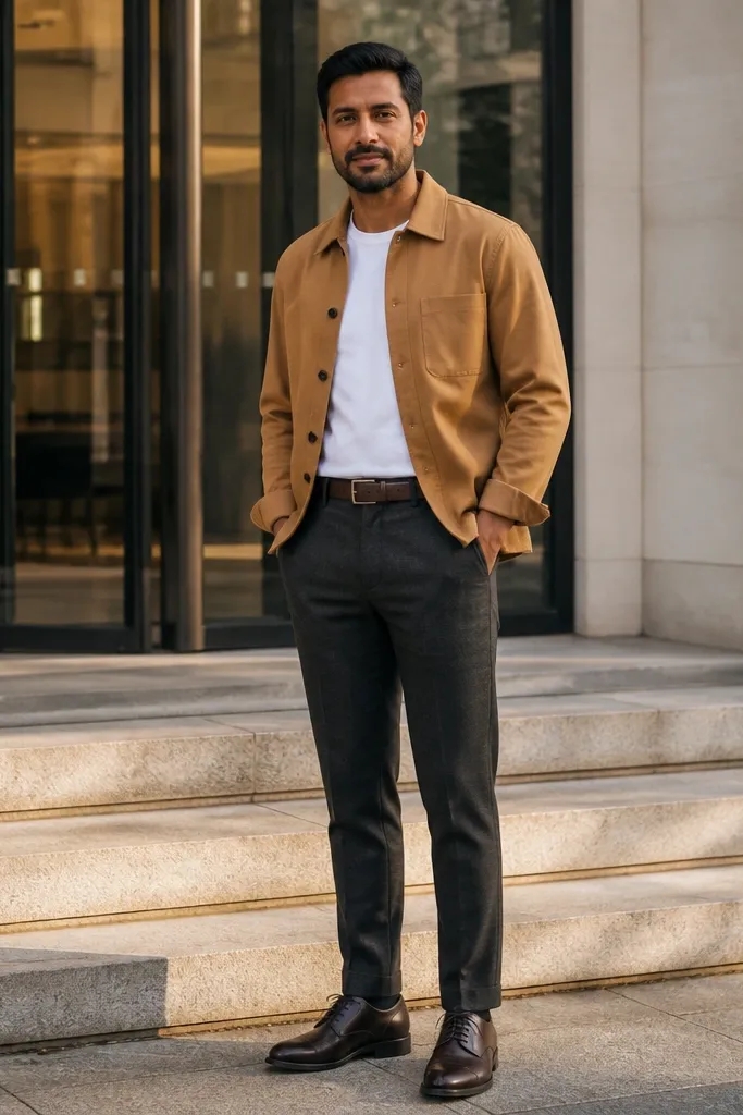 Camel shirt jacket over a white tee with charcoal pants