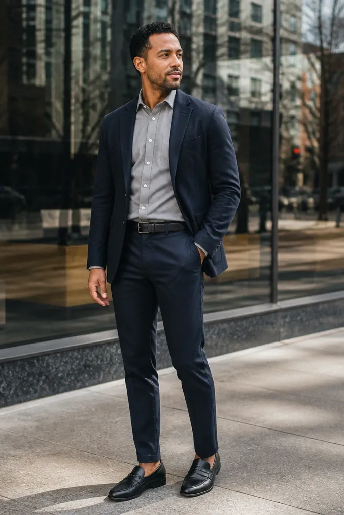 Navy knit blazer with light gray shirt and navy trousers
