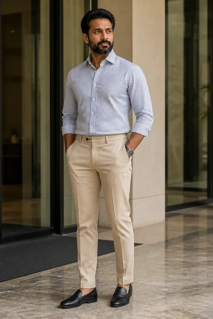 Light patterned shirt with solid chinos and minimal loafers