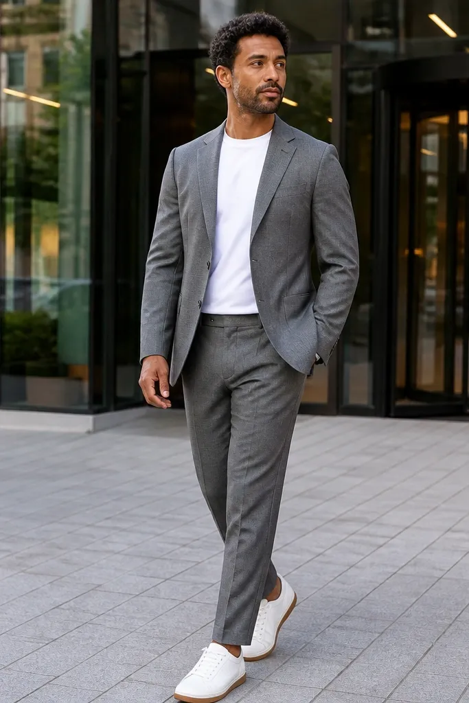 Gray jacket and trousers with a white tee and clean sneakers