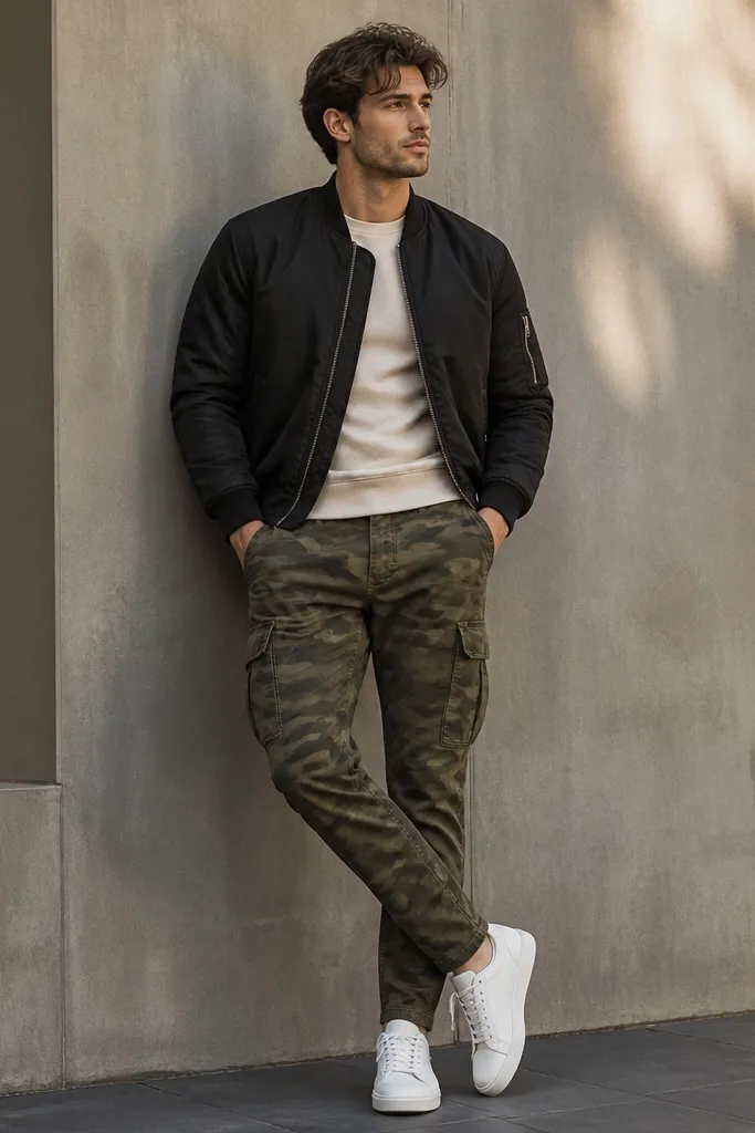 A man wearing olive camo cargo pants with a cream crewneck tee, a black bomber jacket, and white low-top sneakers. The bomber is zipped halfway, sleeves are snug at the wrist, and the camera angle shows the cargo pockets and tapered leg.