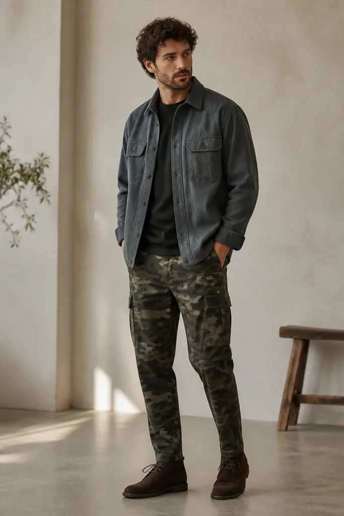 An outfit with slate gray overshirt layered over a dark charcoal tee. The pants are olive camo cargo with visible side pockets and a tapered ankle. The shoes are dark brown suede desert boots.