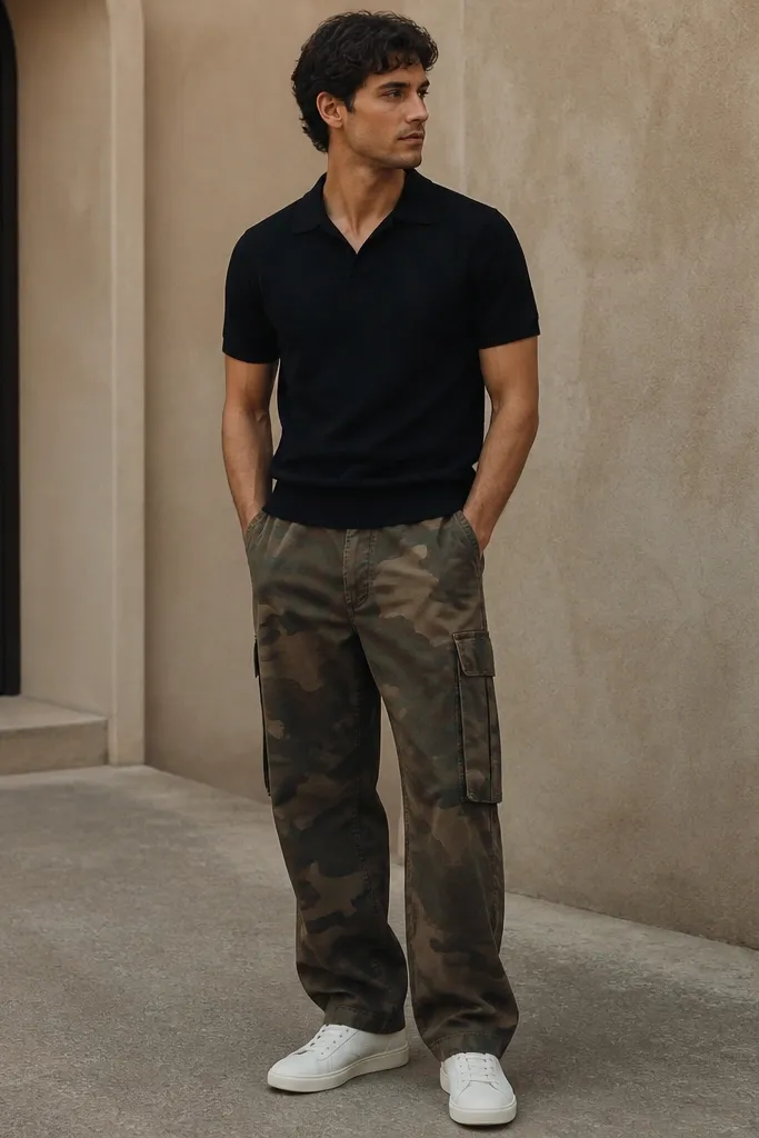 A man in black knit polo shirt with camo cargo pants in muted earth tones. He wears white leather sneakers with a low profile. The photo shows the collar shape and the cargo pockets aligned along the side seam.