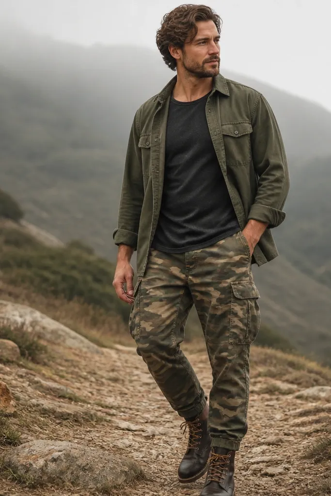 Washed black short-sleeve tee paired with olive camo cargo pants. An olive-green overshirt is open over the tee, and the man wears black-and-brown leather lace-up boots. The outfit looks rugged and layered.