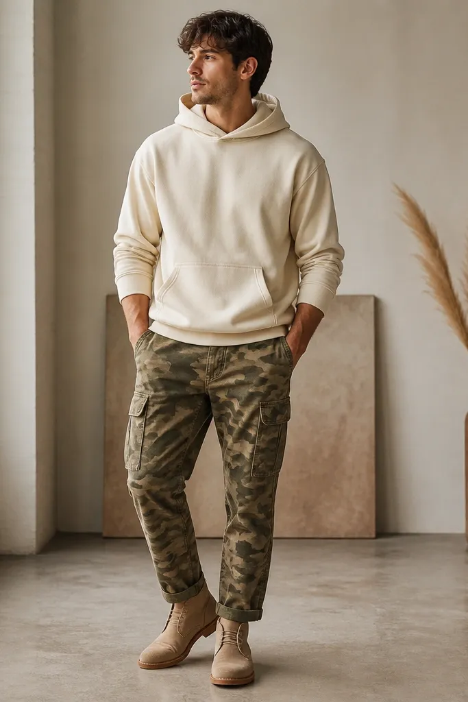 Cream hoodie with a kangaroo pocket, olive camo cargo pants, and tan sand chukka boots. The hoodie sleeves are slightly cuffed, and the pant hems show a clean ankle break.