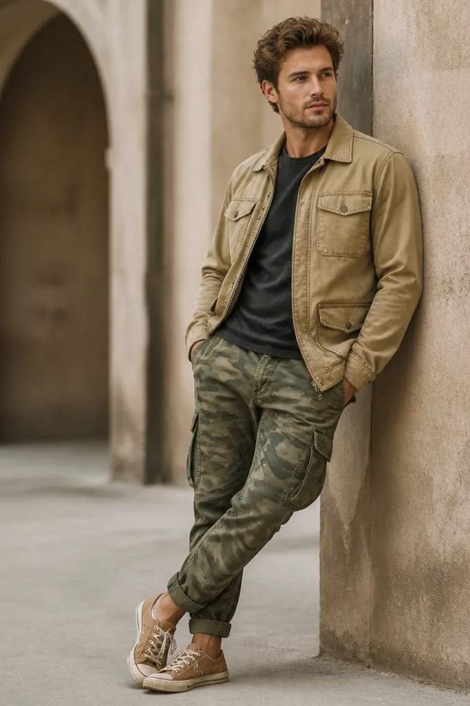 Charcoal crew t-shirt under a tan field jacket with a slightly worn look. Olive camo cargo pants are tapered, and the shoes are tan canvas sneakers. The jacket has flap pockets and a clean zipper line.